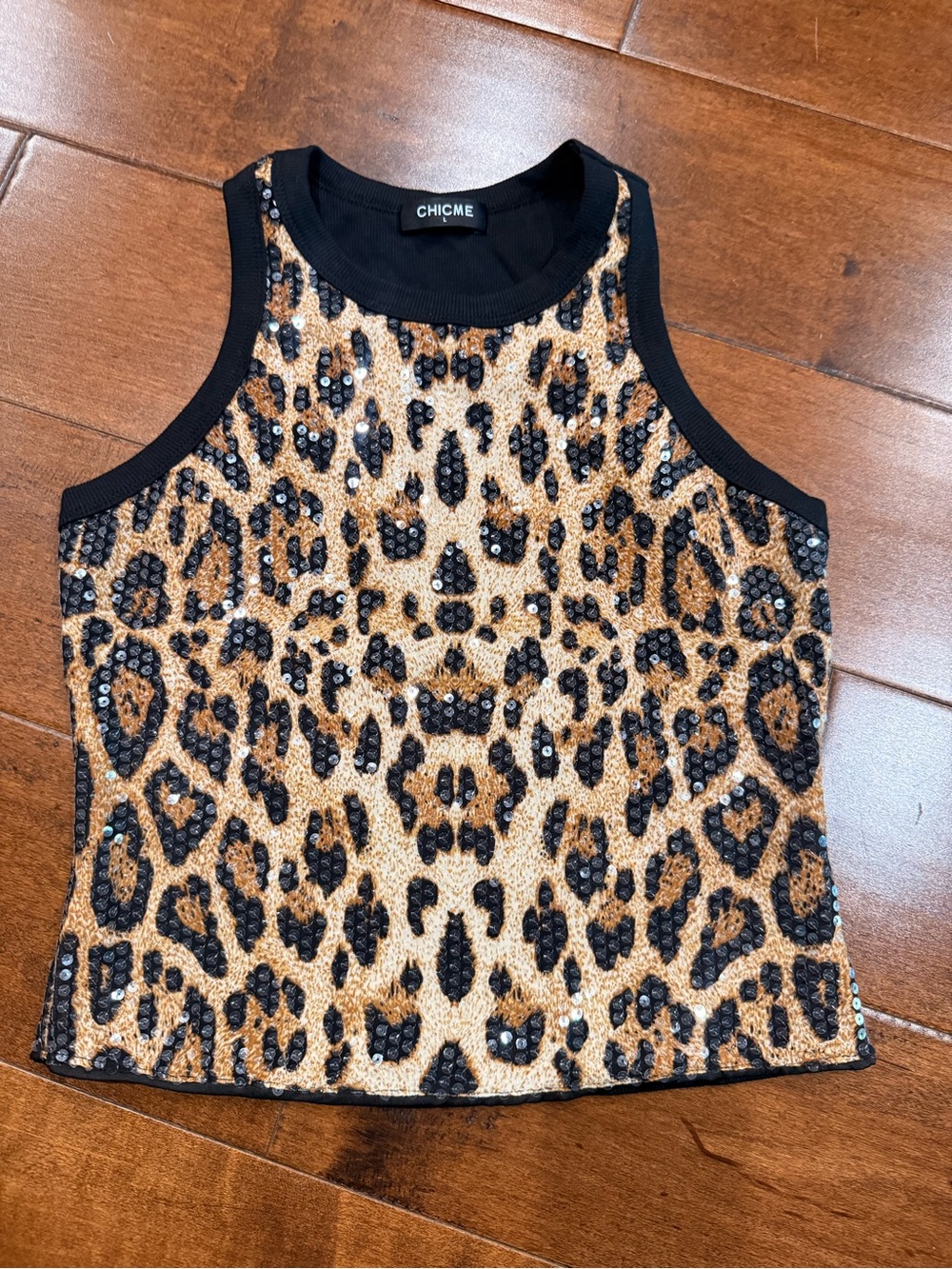 Black and Tan Sequin Leopard Cropped Tank Top